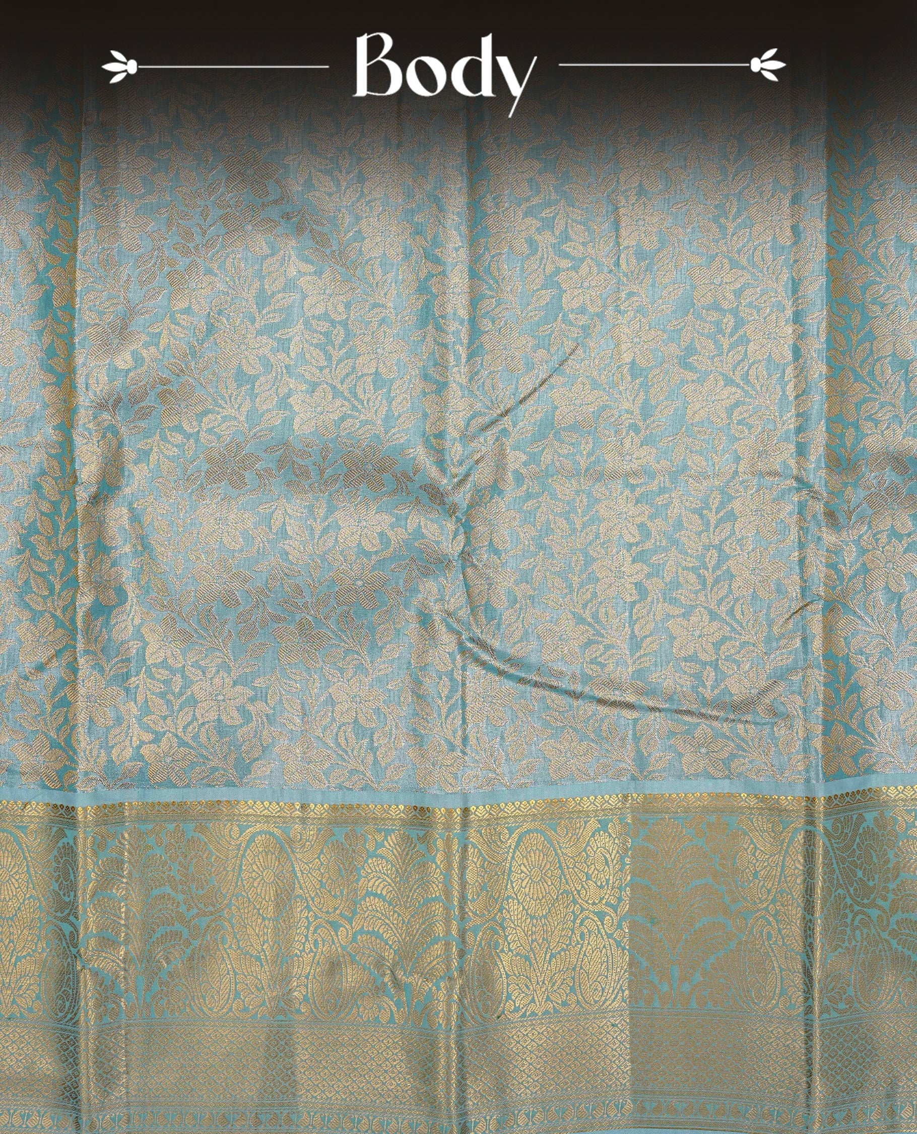 Gold & Ice blue colour Double shade Semi tissue silk saree featuring Gold Floral kodi pattern on body, Contrast Green colour with traditional border, paired with matching.