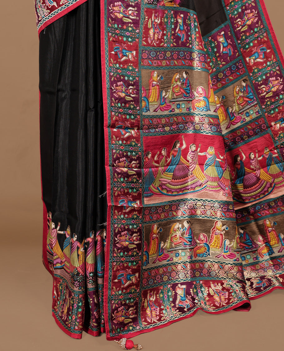 Black colour Pashmina saree featuring elegant plain body, contrast multi colour pattern border with dancing girl & pallu, Paired with matching unstitched blouse