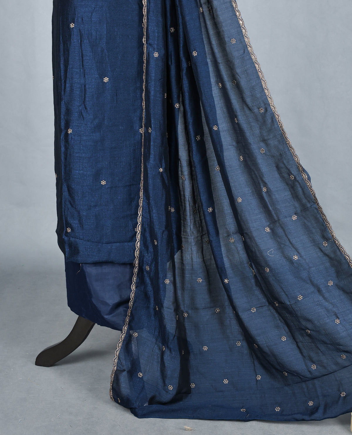 Navy Blue Colour Vijitra Silk Salwar Material Featuring Elegant White Thread Embroidery on the Front Panel, paired with a matching bottom & graceful embroidered Dupatta.