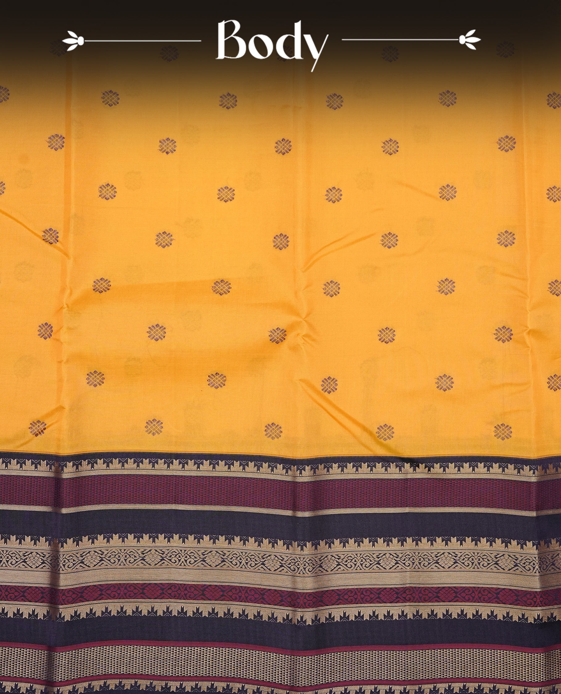 Mustard colour Kancheepuram silk saree featuring Gold zari Motifs on body, complemented by Multicolour with Traditional border, comes with matching blouse piece.