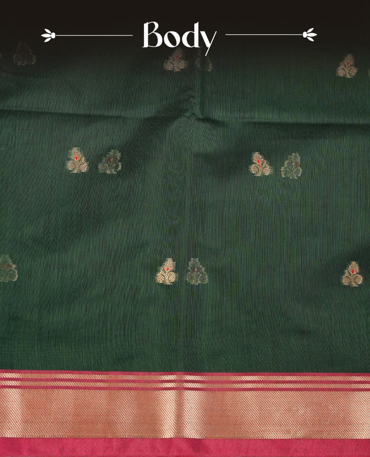 Dark green colour Maheshwari cotton saree, gold zari floral motifs on body, complement pink colour gold zari border comes with matching blouse.