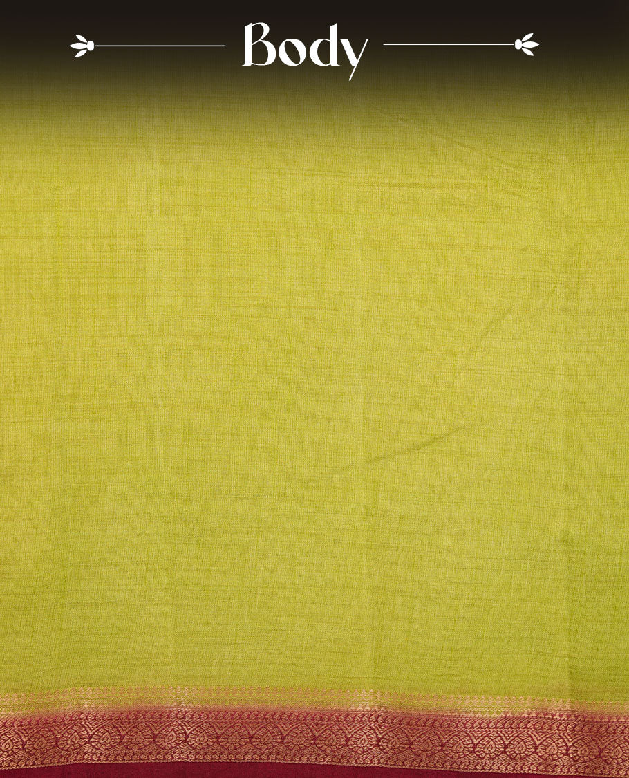 Green colour semi tussar saree featuring elegant plain body, contrast maroon colour gold zari border and comes with matching blouse piece.