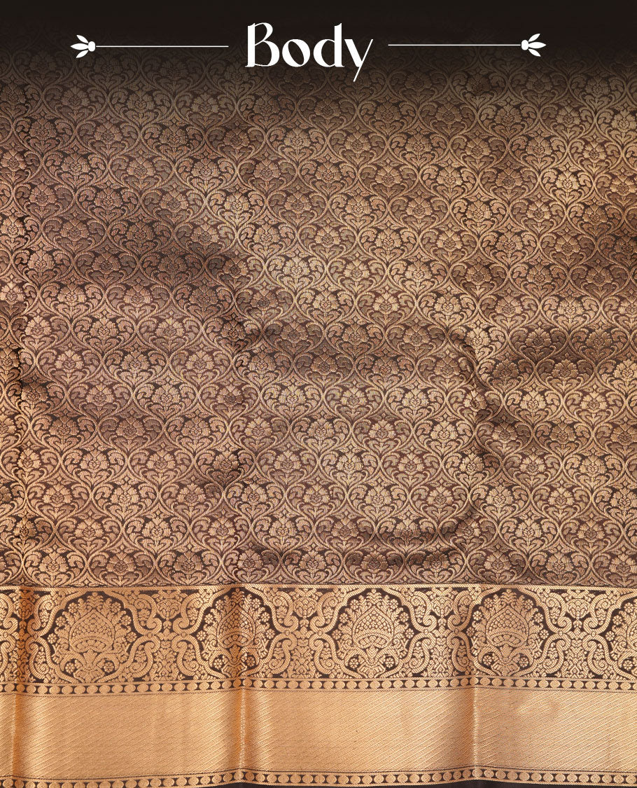 Dark coffee brown colour kancheepuram silk saree featuring antique gold zari jacquard on body with traditional border, paired with plain matching blouse piece.