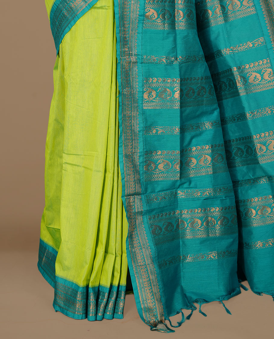 Lemon colour kalyani cotton saree featuring Elegant plain body, complemented by Aqua colour with Antique zari border, paired with matching blouse piece.