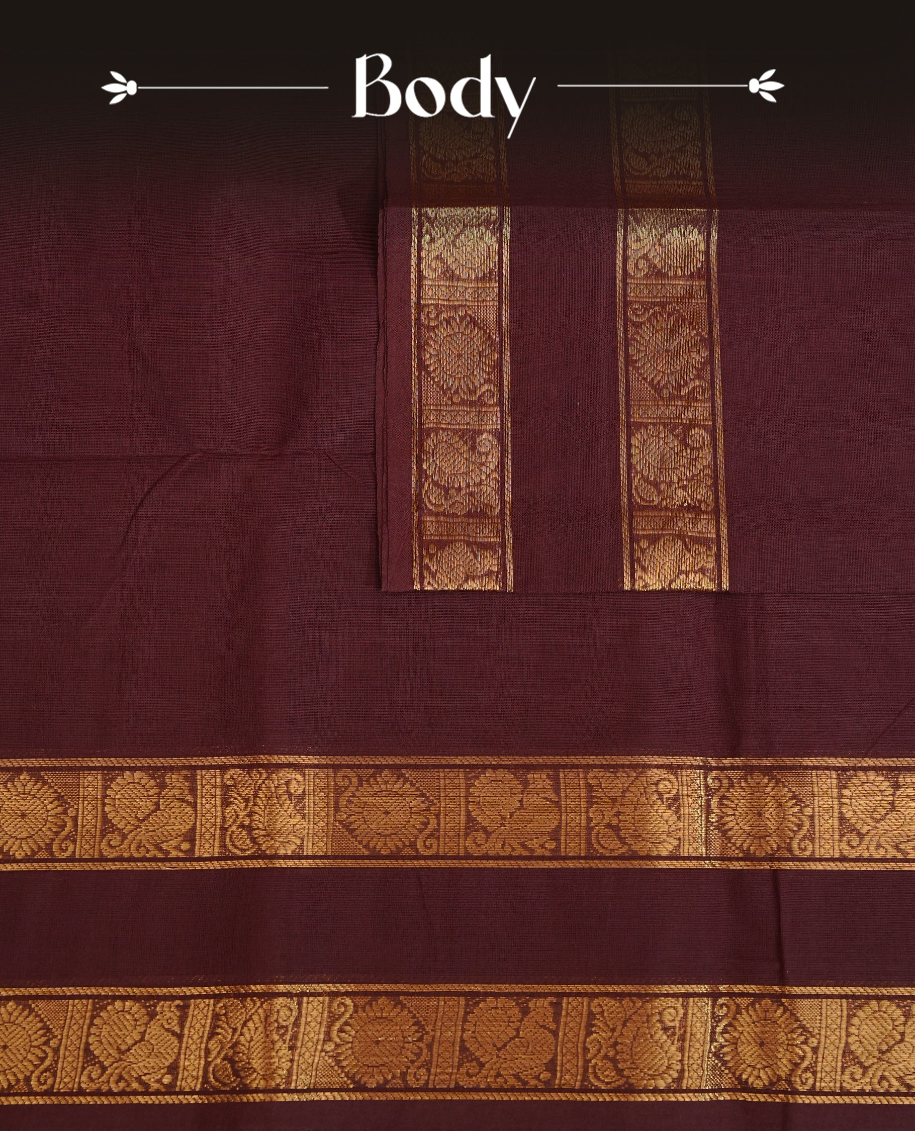 Chocolate colour chettinad cotton saree featuring Elegant plain body, gold zari on self colour border, comes with matching blouse piece.