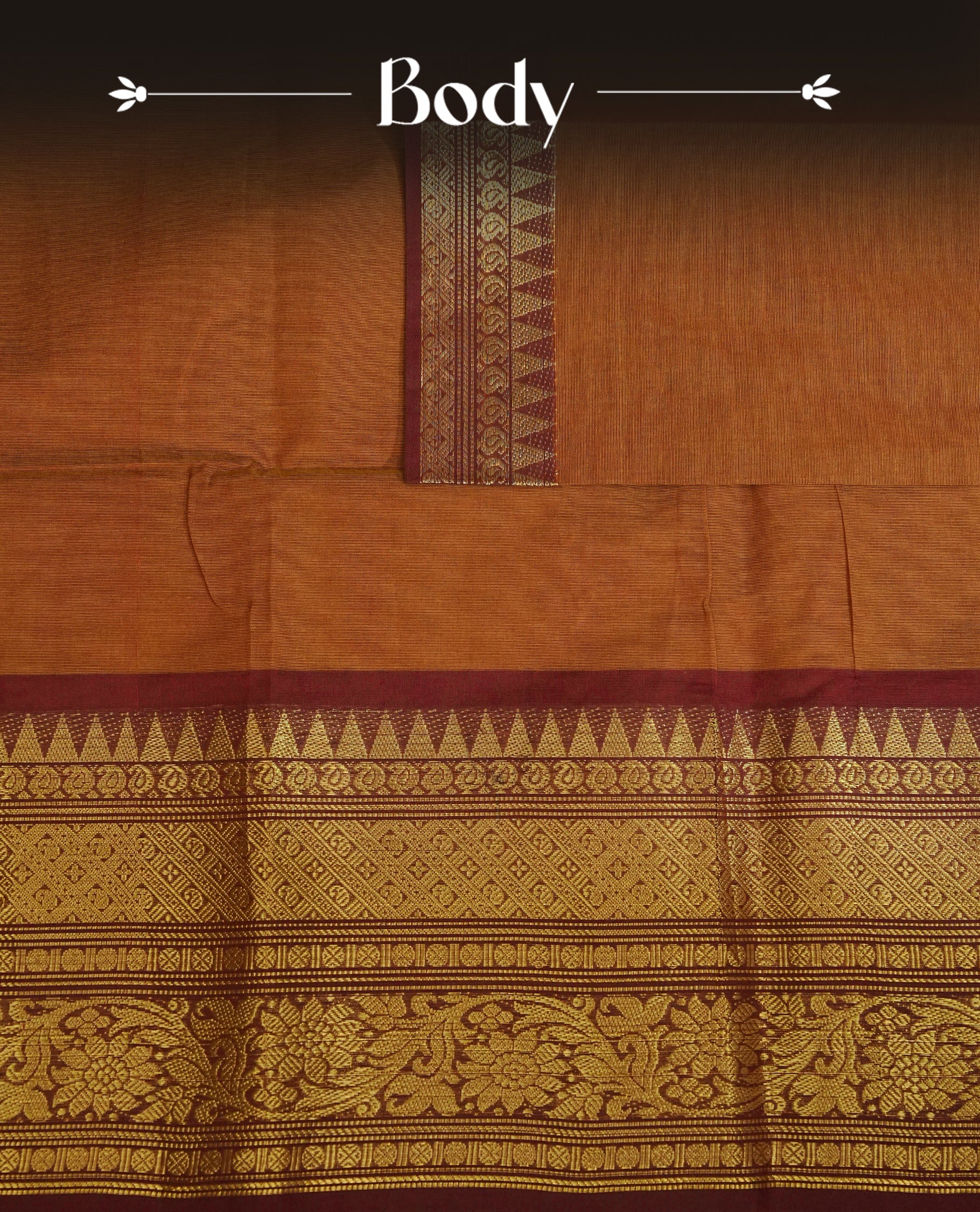 Brown colour chettinad cotton saree featuring elegant plain body, Contrast Maroon colour with Gold zari border, comes with matching blouse piece.