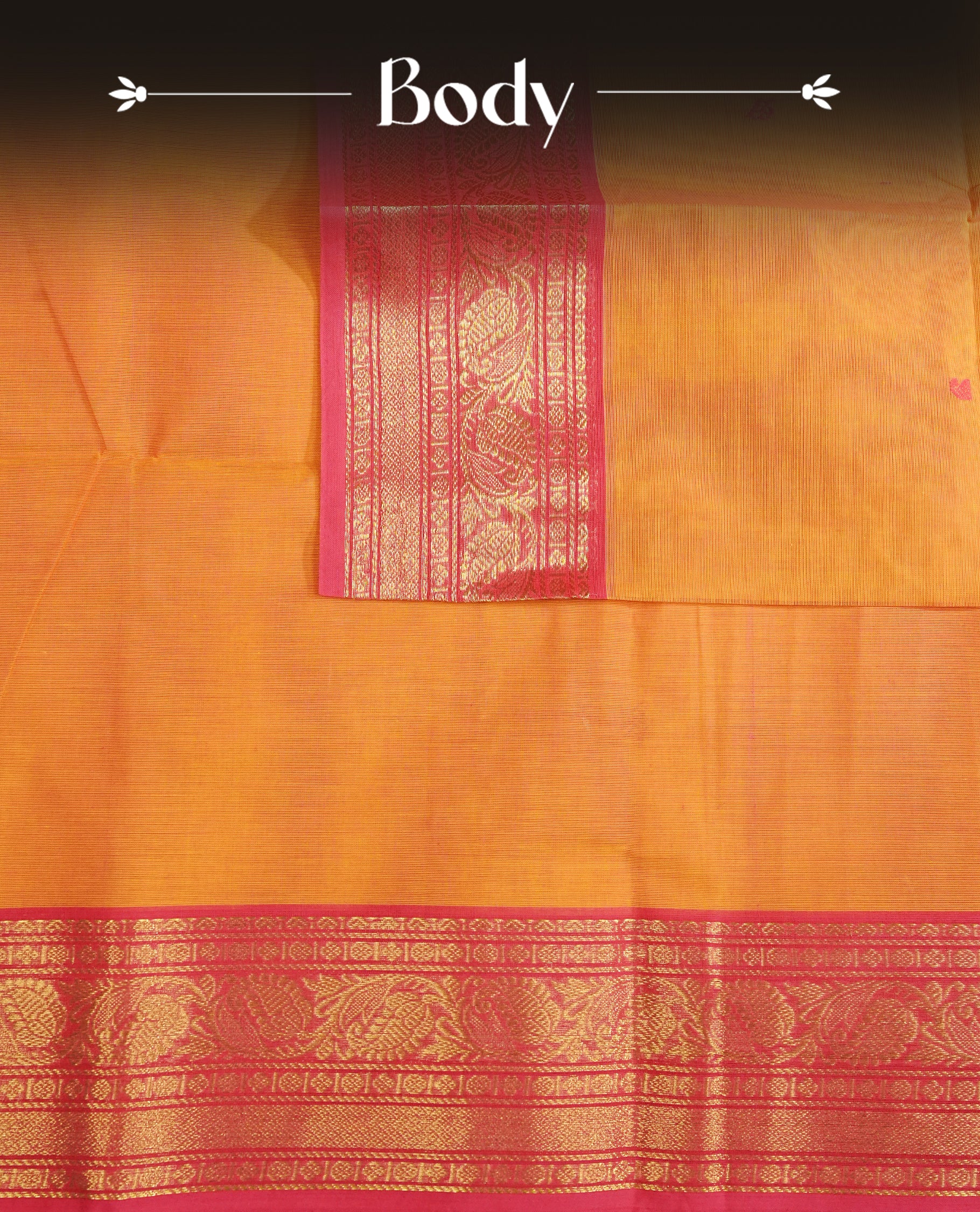 Orange colour Chettinad cotton saree featuring magenta Motifs on body, complemented by contrast magenta colour with Gold zari border, matching blouse piece.
