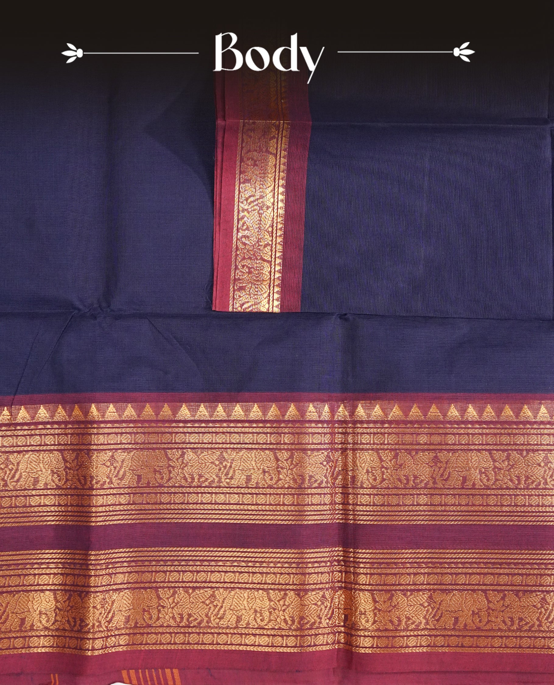 Navy blue colour chettinad cotton saree featuring elegant plain body, complemented by contrast Maroon colour with gold zari border,comes with matching blouse piece.