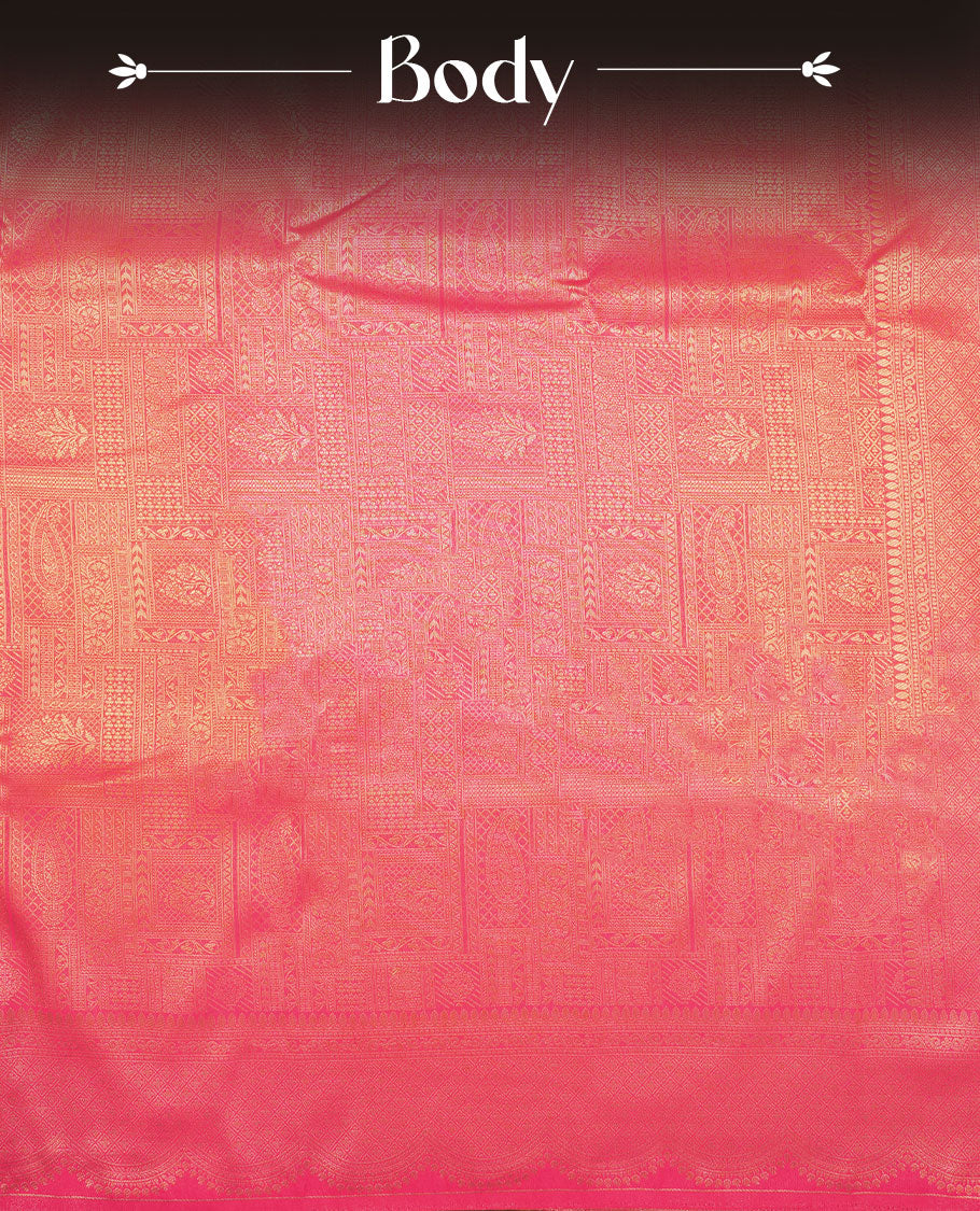 Rani Pink colour semi silk brocade saree featuring intricate Gold patterns across the body, complemented by a Self colour woven border and pallu, paired with a matching blouse.