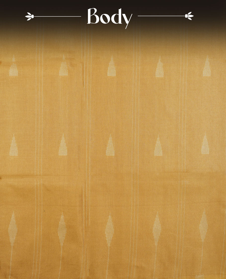 Gold colour semi jute saree highlighting gold zari striped body, without border and paired with matching blouse.