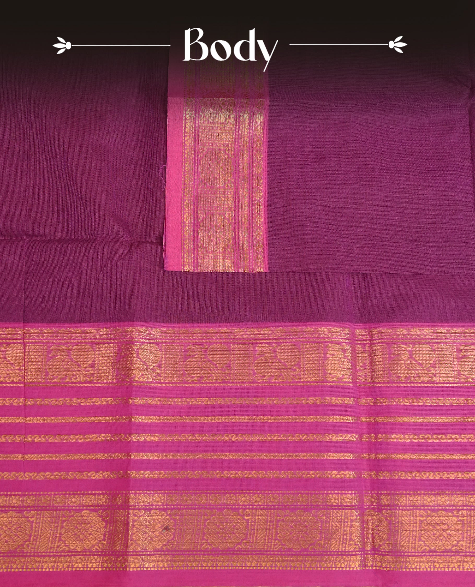 Purple colour chettinad cotton saree featuring Elegant plain body, complemented by contrast Magenta colour with gold zari strip & peacock border, comes with matching blouse piece.