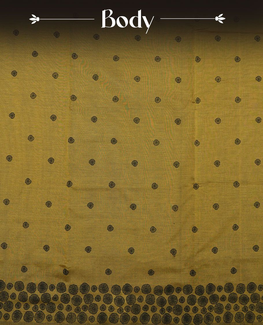 Olive green colour poly cotton saree with black abstract butti motifs on the body, paired with a matching pallu with dense black textured round butta pattern, and a coordinated all‑over textured round butta printed blouse piece.