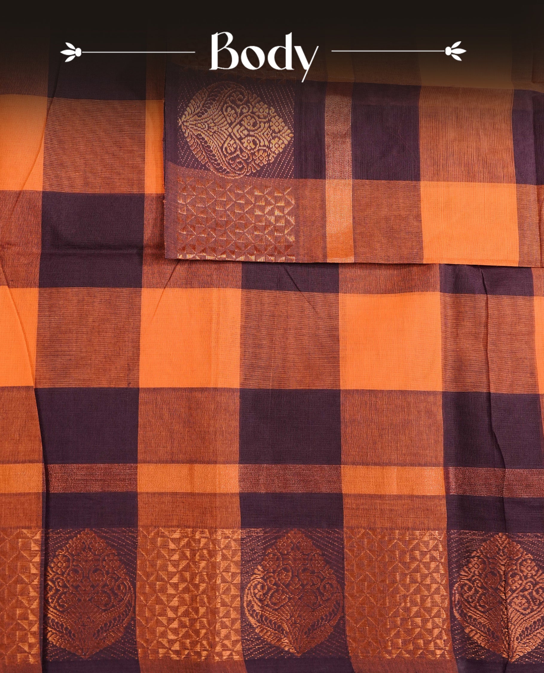 Deep purple & Orange colour chettinad cotton saree featuring check pattern on body, complemented by Self Colour with gold zari border, comes with matching blouse piece.