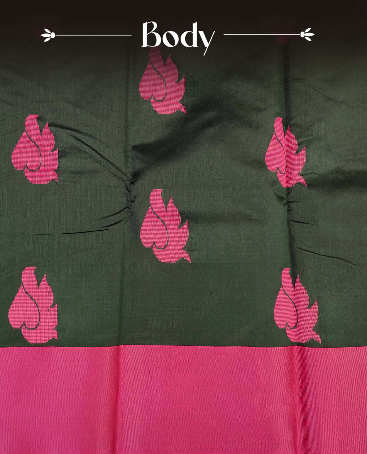 Dark green colour silk cotton saree featuring magenta colour thread motifs on body thread detiled contrast borders & pallu,comes with matching blouse piece