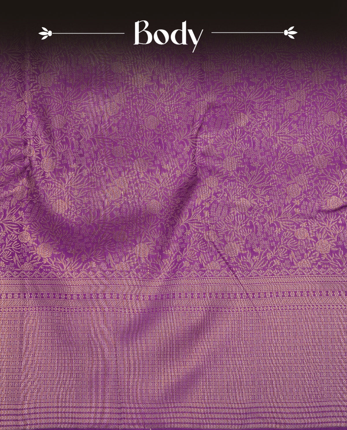 Purple colour semi silk saree featuring floral gold zari patterns on body, contrast self colour with traditional border on body, grand pallu comes with matching blouse piece