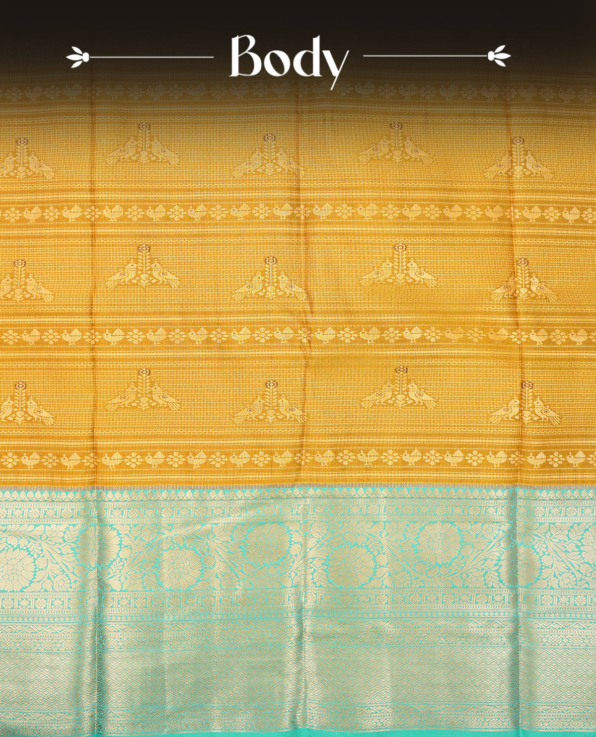 Mustard olive colour semi wedding saree featuring gold zari strip with motifs on body complemented by contrast aqua colour with traditional border, comes with macthing blouse piece.