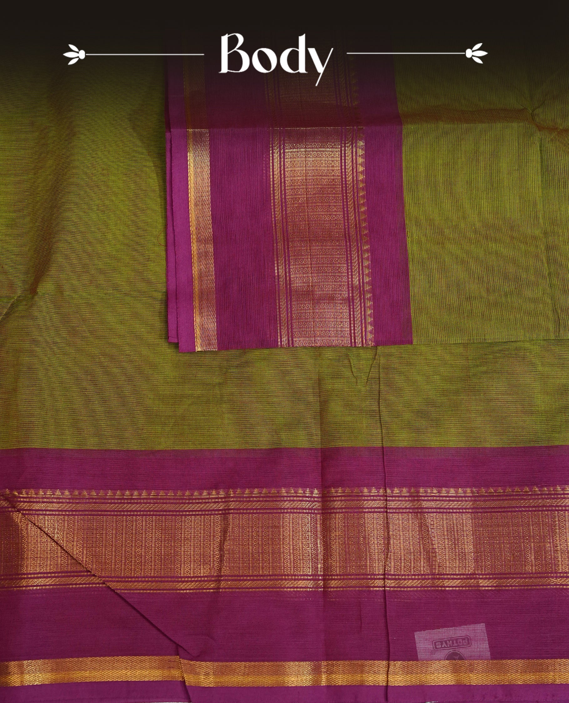 Lemon green colour chettinad cotton saree featuring elegant plain body, Contrast Magenta colour with Gold zari border, comes with matching blouse piece.