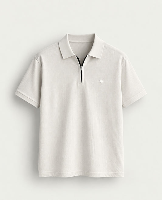 Cream colour Tshirt featuring Collar design neck, plain body and Half sleeve.