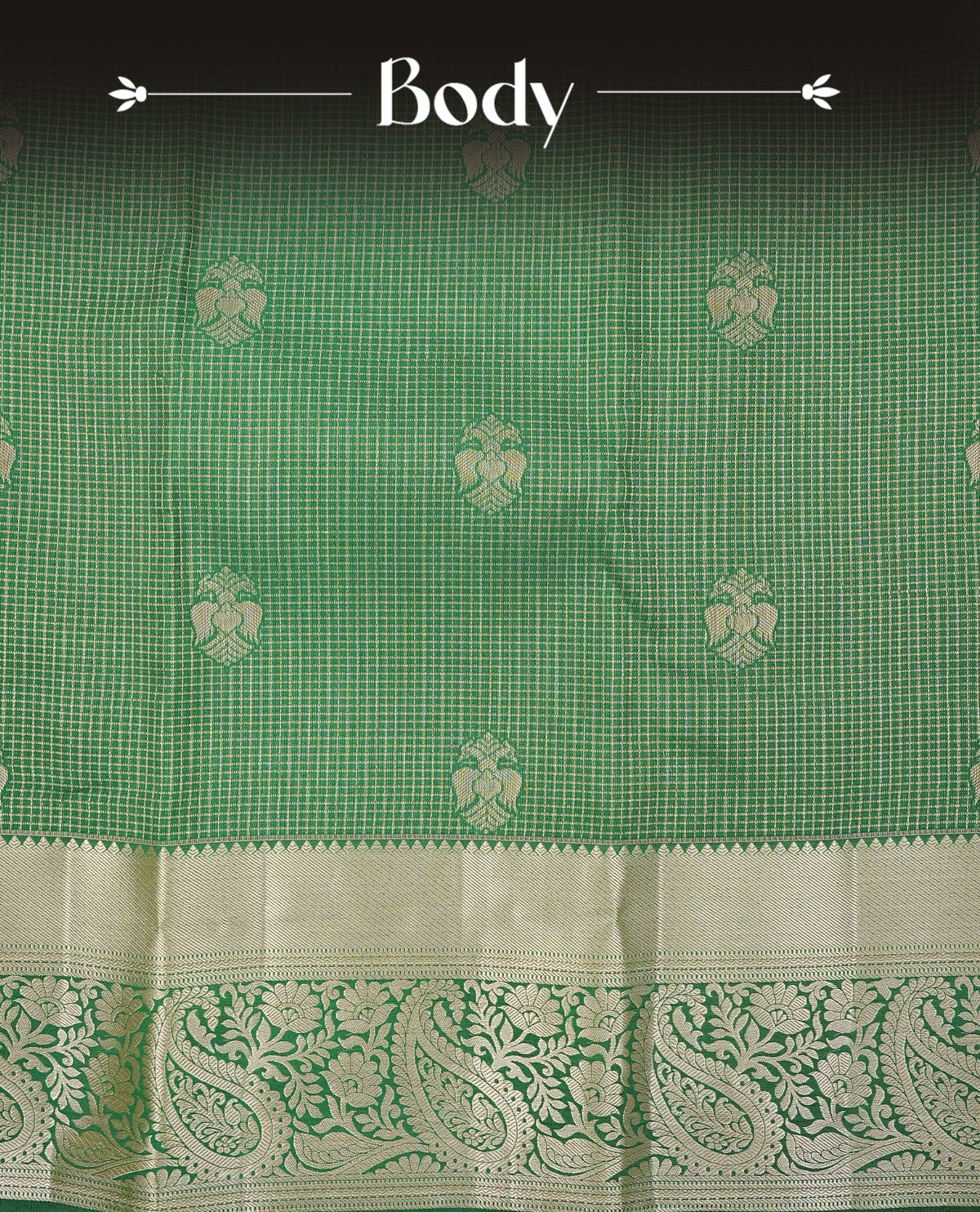 Green colour semi wedding saree featuring gold zari check with  motifs on body complemented by Self colour with traditional border, comes with matching blouse piece.