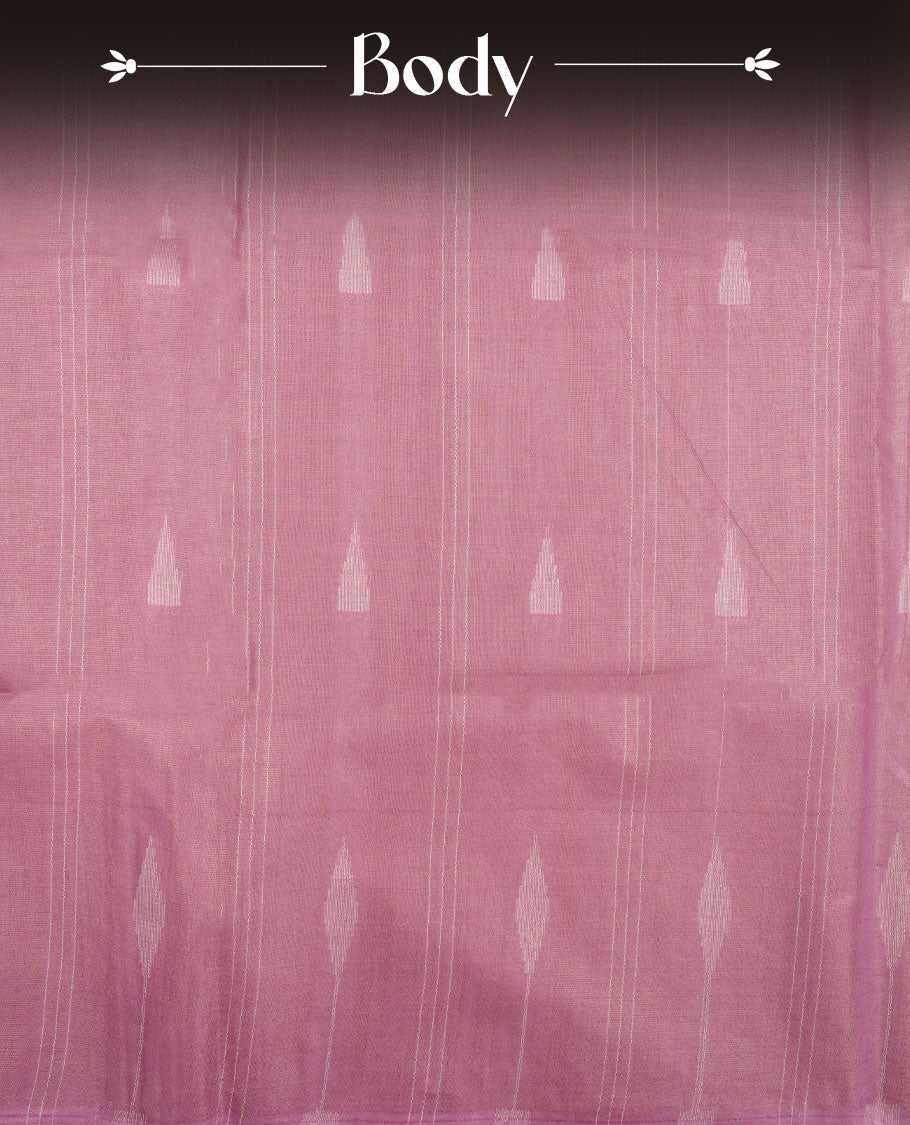 Pink colour semi jute saree highlighting gold zari striped body, without border and paired with matching blouse.