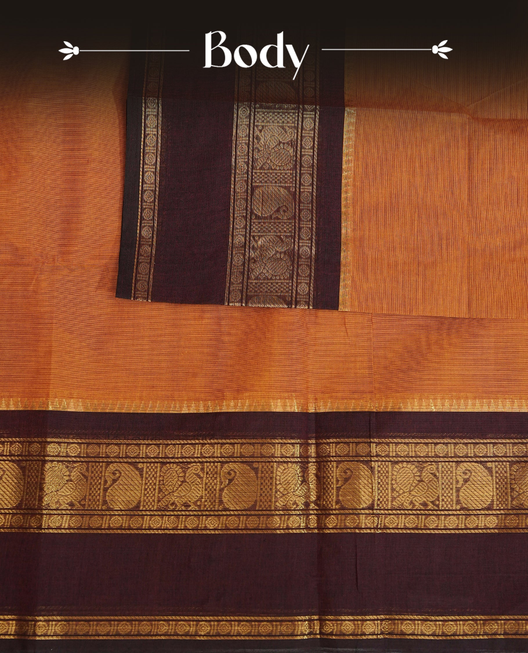 Mustard Orange colour chettinad cotton saree featuring elegant plain body, Contrast Chocolate colour with Gold zari border, comes with matching blouse piece.