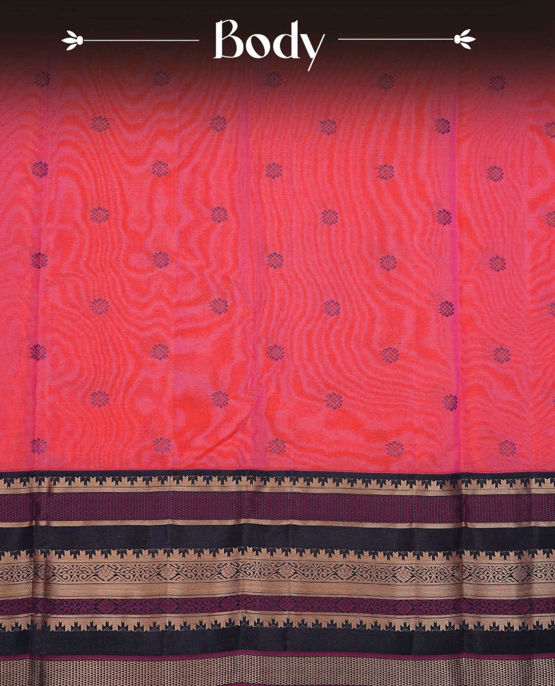 Orange & Pink Double shade Kancheepuram silk saree featuring  Motifs on body, complemented by Multicolour with Traditional border, comes with matching blouse piece.