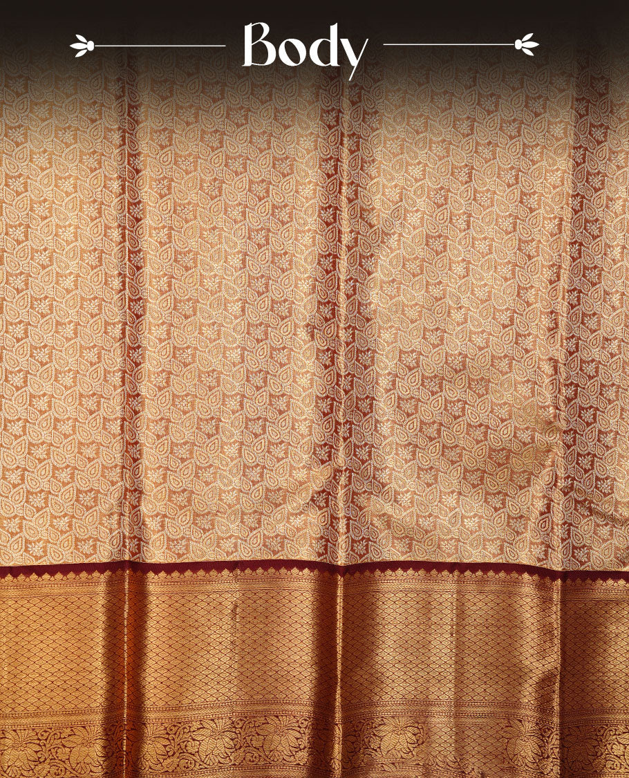 Gold & chocolate double shade colour kancheepuram tissue silk saree featuring gold zari floral kodi pattern on body, complemented by contrast maroon colour with traditional border, paired with matching blouse piece.