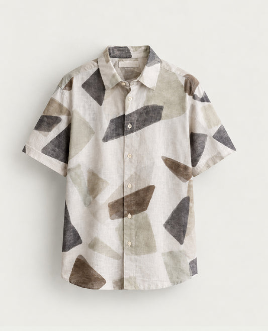 Cream colour shirt Multi colour geometric pattern body, Half sleeve.