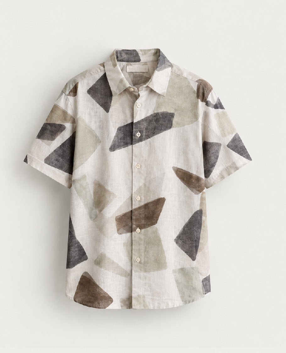 Cream colour shirt Multi colour geometric pattern body, Half sleeve.