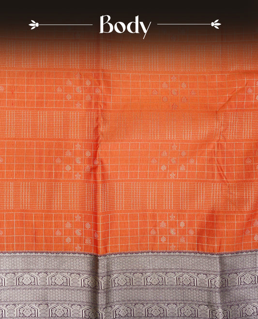 orange colour semi wedding silk saree featuring light gold zari checks with buttas on body, contrast purple colour with traditional border on body, rich pallu comes with matching blouse piece