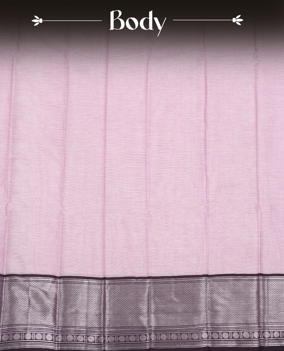 Lavender colour Narayanapattu cotton saree featuring a self coloured body, contrast deep Purple colour with silver zari border and pallu, pairing a matching blouse piece.