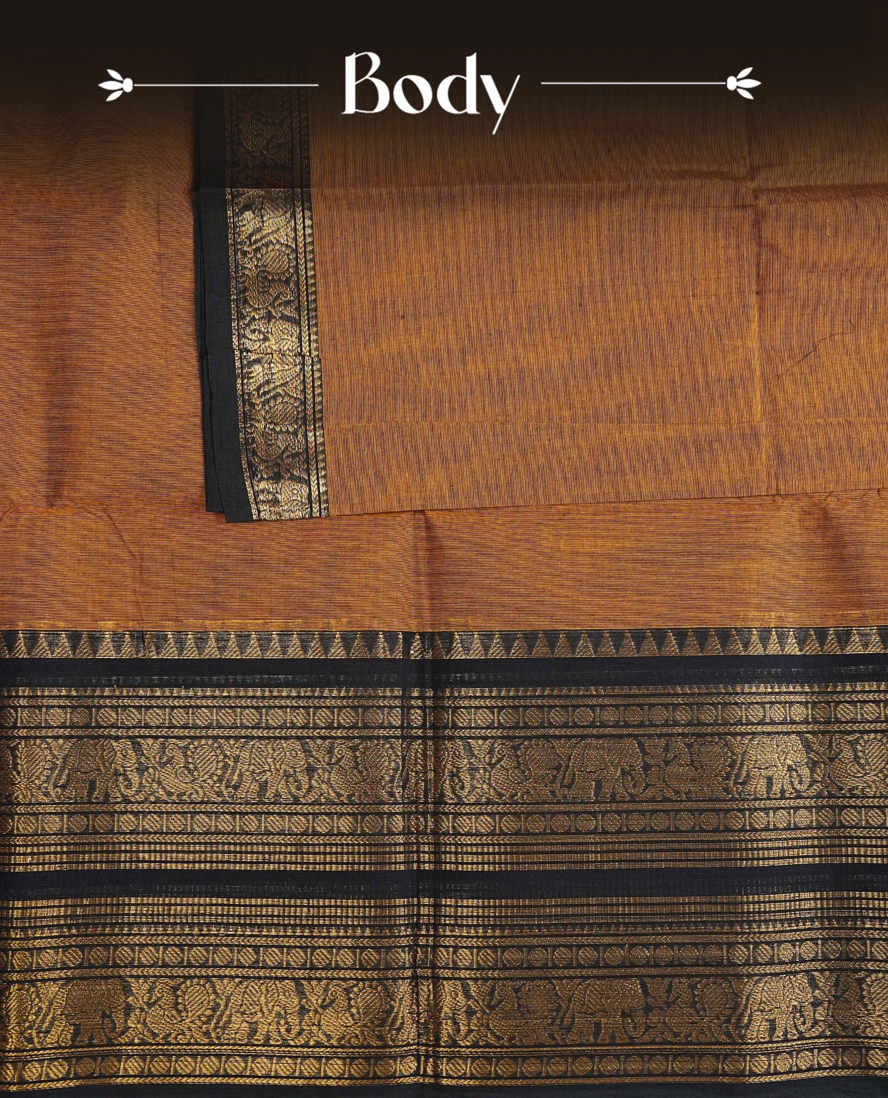 Mustard colour chettinad cotton saree Featuring Elegant plain body, complemented by contrast black colour with zari border, comes with matching blouse piece.