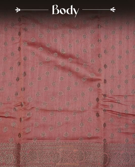 Muted brown colour semi tussar silk saree featuring elegant Antique zari motifs across the body, designed with a subtle borderless zari finish for a sophisticated traditional look. Paired with a matching blouse piece.