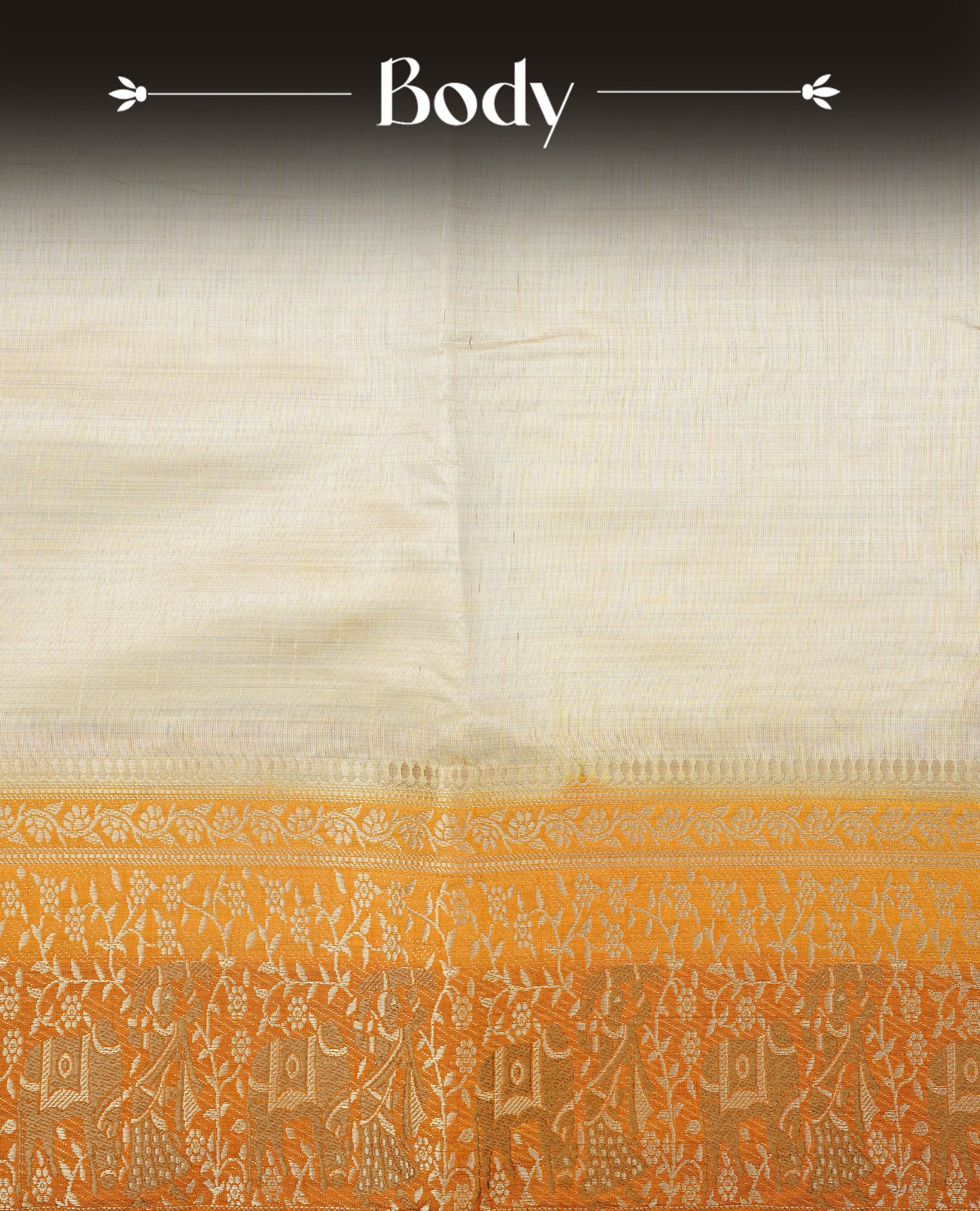 Light gold tussar saree featuring Elegant plain body, complemented by contrast Orange colour with Gold zari Floral kodi with Elephant Pattern border, comes with matching blouse piece.