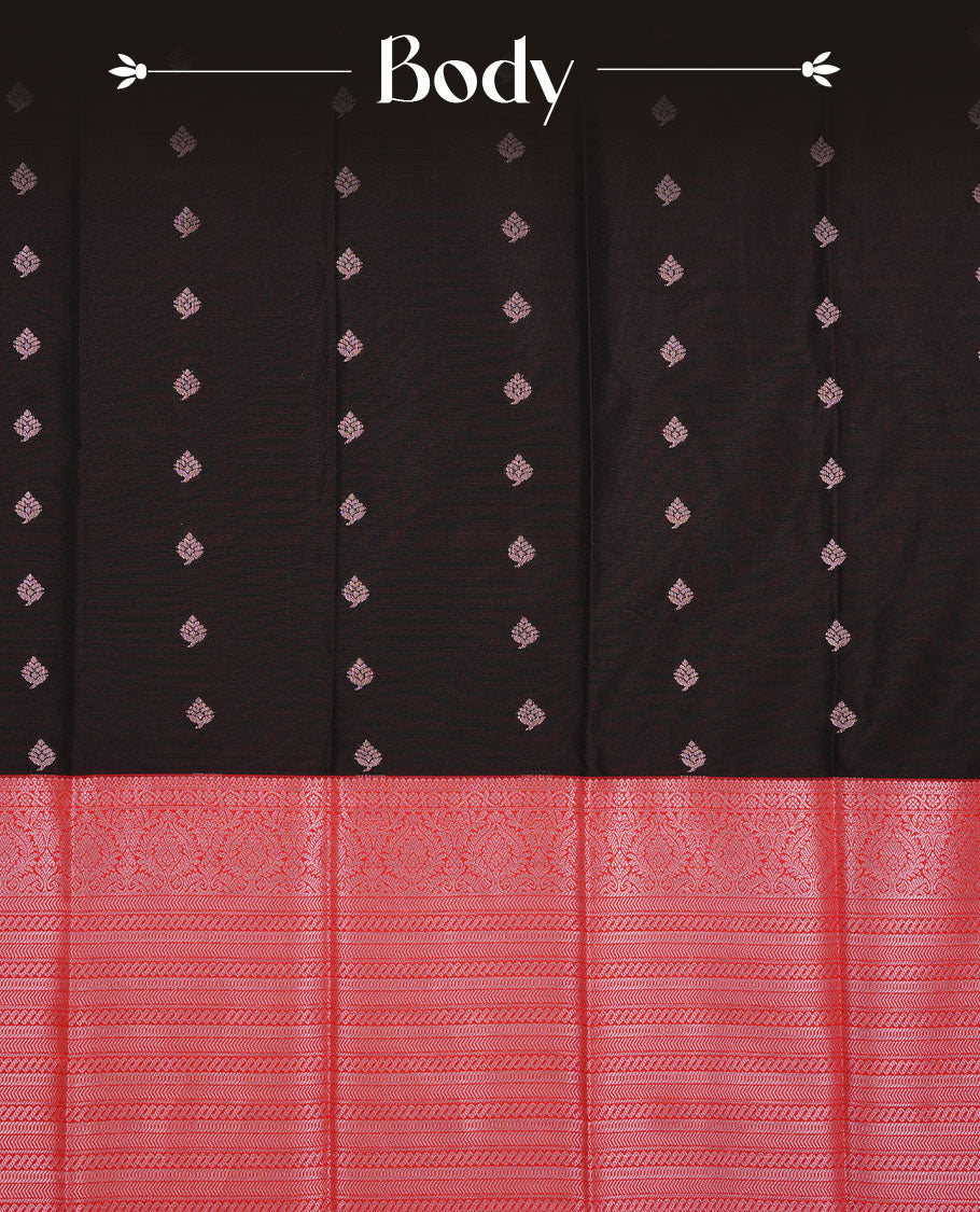 Black colour soft silk sareee featuring gold zari motifs on body, complemented by contrast Red colour with zari border, paired with matching blouse piece.