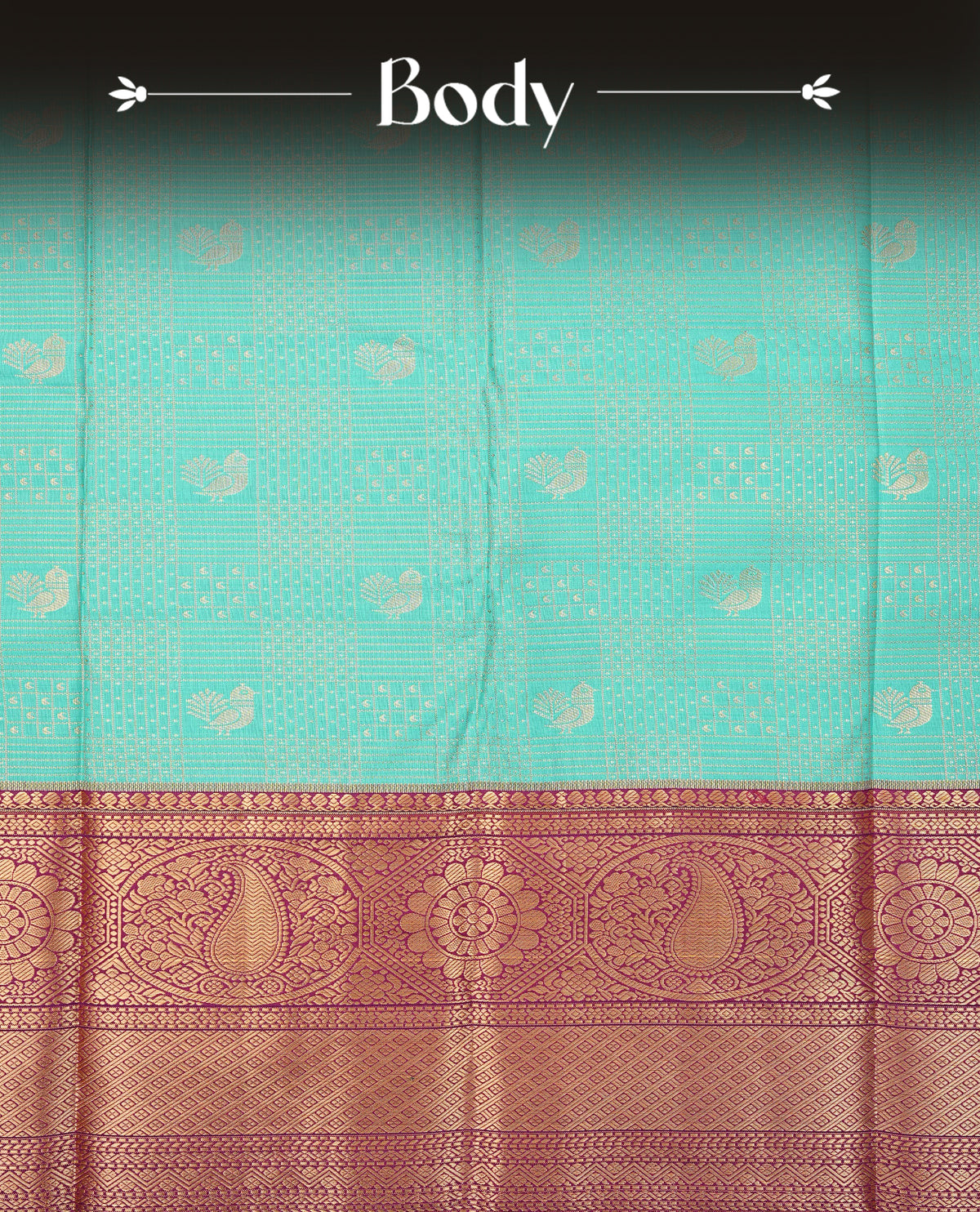 Aqua colour semi wedding saree featuring light gold zari check with peacock motifs across the body, complemented by contrast purple colour traditional border, Comes with a matching blouse piece.