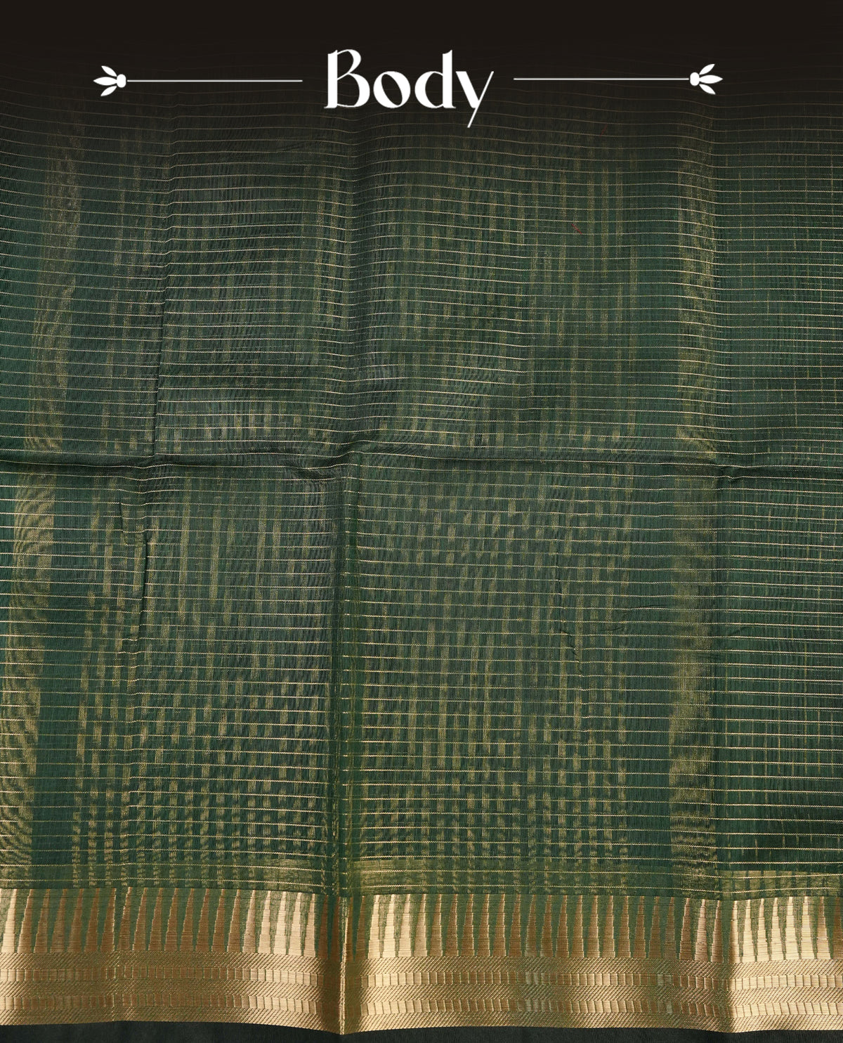 Bottle green colour Maheshwari cotton saree, gold zari small checks on body, complement self colour gold zari temple design border comes with matching blouse.
