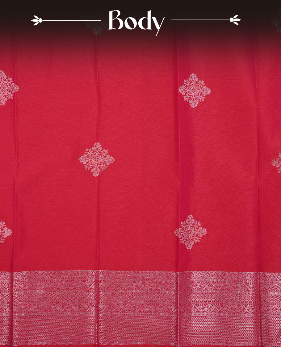 Red colour soft silk saree featuring rose Gold zari motifs on body, complemented by self colour with traditional border, paired with matching blouse piece.