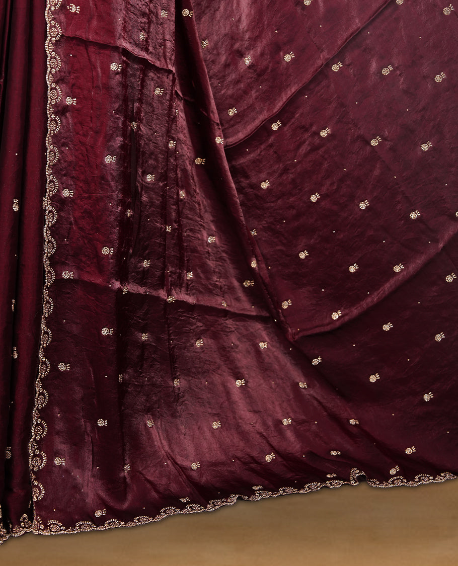 Dark Brown Colour Chiffon Designer Saree featuring Delicate White Stone Work All Over the Body, with Stone Detailing on the Border and Pallu, paired with a Matching Blouse.