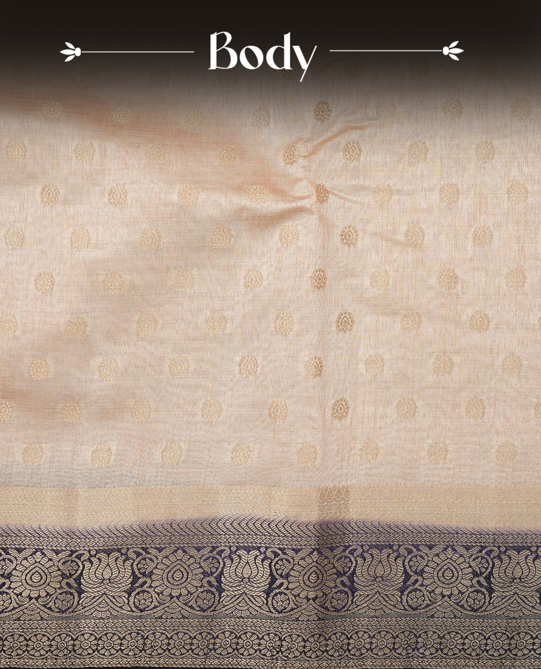 Light Gold Tussar saree featuring Gold zari buttas on body, complemented by contrast Navy Blue Colour with Gold zari border, comes with matching blouse piece.
