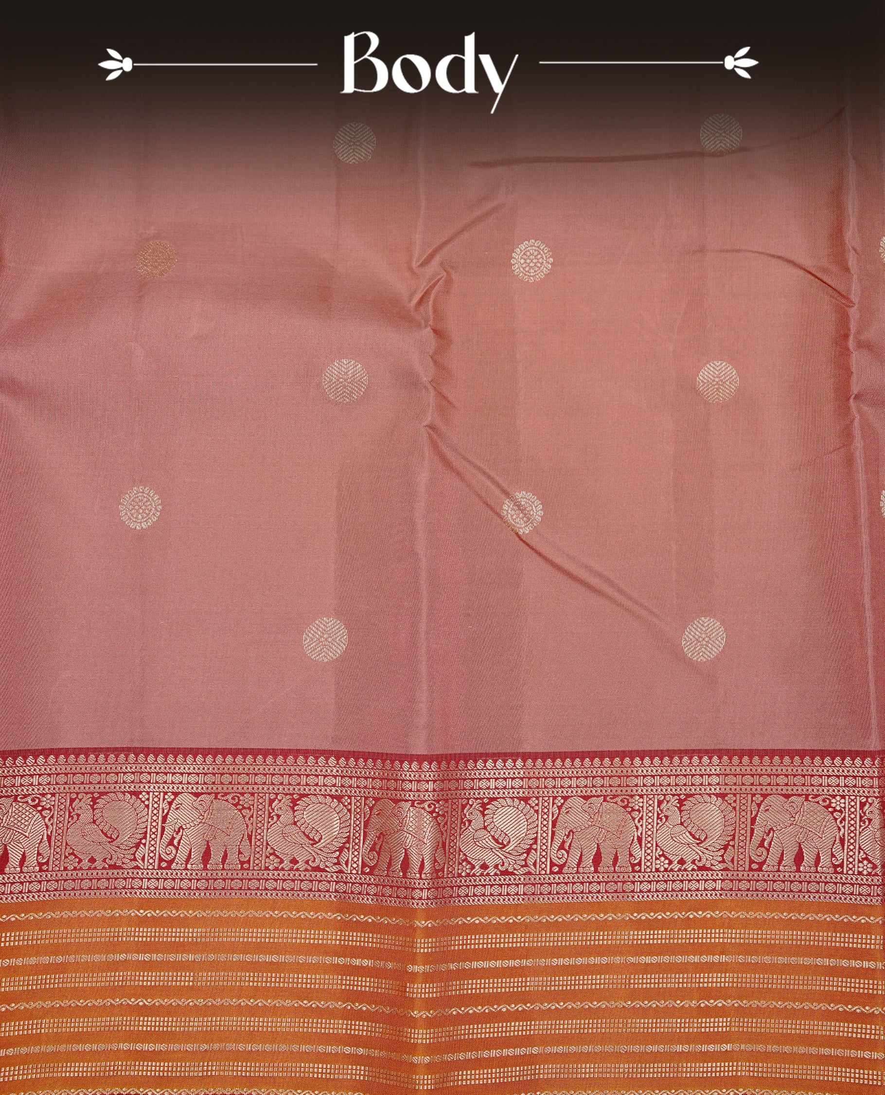 Light Mauve Colour Kancheepuram silk saree featuring gold zari circle motifs on body, highlighting Gold zari Elephant & Peacock Traditional On contrast Maroon & mustard border, paired with Matching blouse piece.
