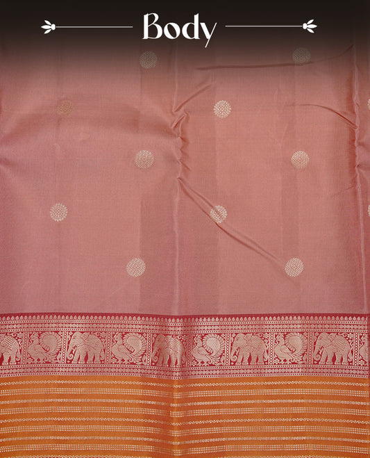 Light Mauve Colour Kancheepuram silk saree featuring gold zari circle motifs on body, highlighting Gold zari Elephant & Peacock Traditional On contrast Maroon & mustard border, paired with Matching blouse piece.