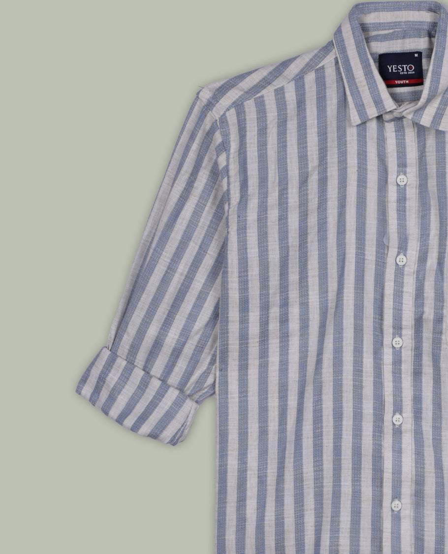 Beige and pastel blue colour striped shirt in soft cotton, featuring vertical lines for a sleek, timeless look, Designed with a classic collar and full sleeves, it blends effortless style with everyday comfort.