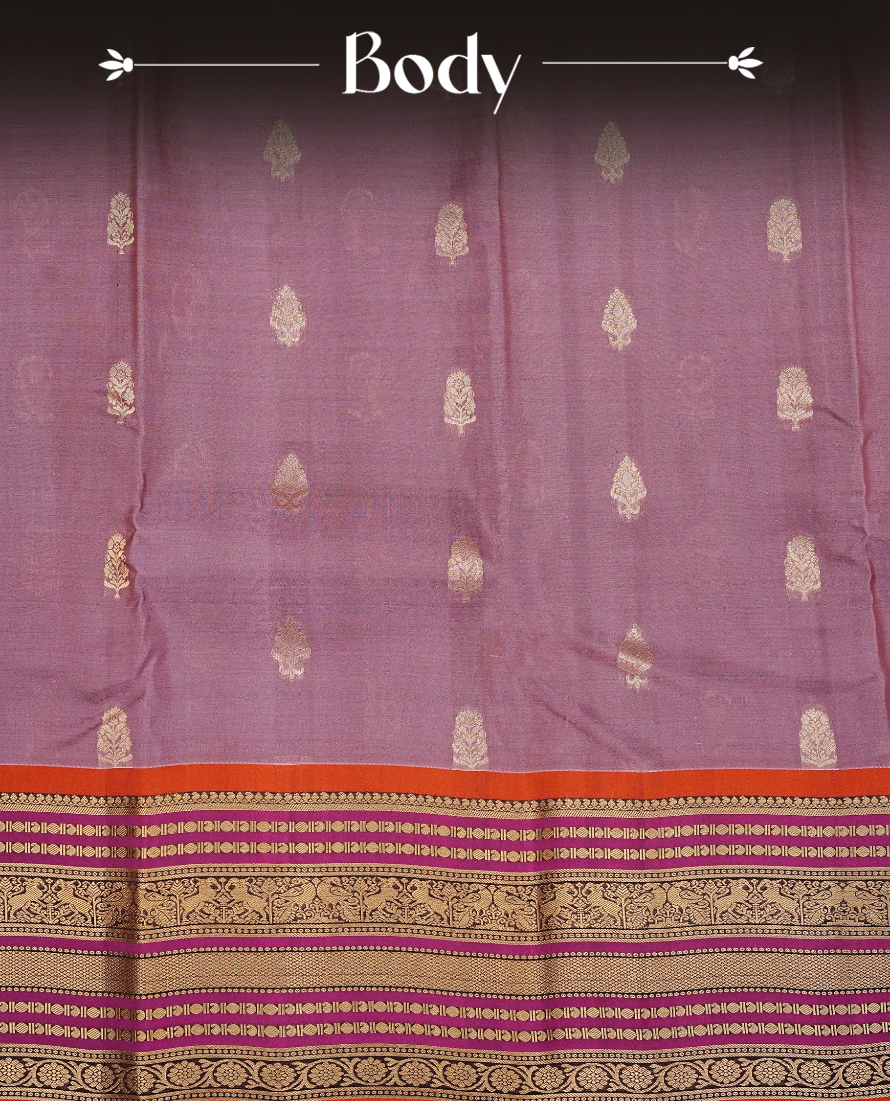 Dusted Lavender colour Kancheepuram silk saree featuring Gold zari Motifs on body, complemented by Multicolour with Traditional border, comes with matching blouse piece.