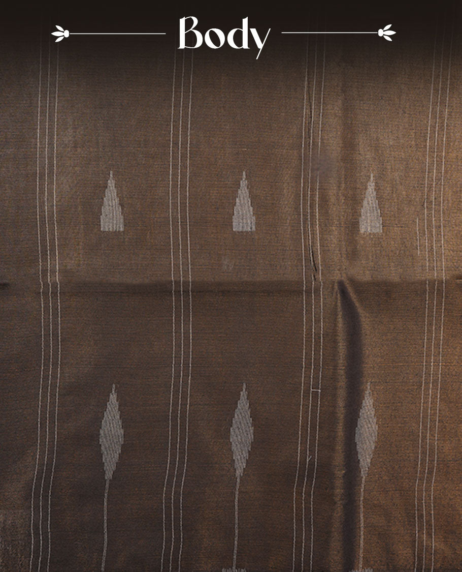 Black colour semi jute saree highlighting gold zari stripped body with white motifs, without border and paired with matching blouse.