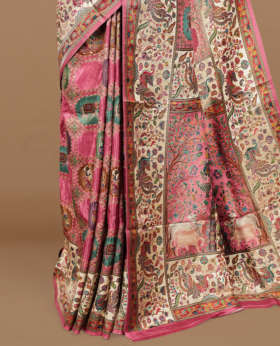 Pink colour Pashmina silk saree features an all over Multi colour box with motifs body, a contrast red floral kodi border and pallu, and a matching unstitched blouse.