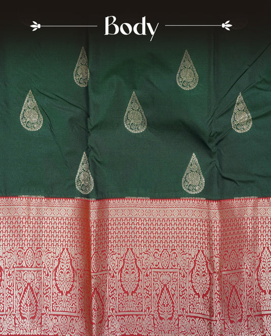 Bottle green colour semi wedding silk saree featuring light gold zari mango motifs on body, contrast maroon traditional border on body, rich pallu comes with matching blouse piece