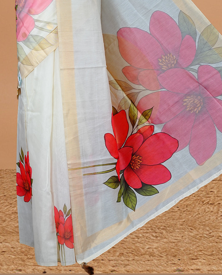 Cream Colour Organza Kerala Saree Featuring  Red floral Printed Motifs On The Body, Enhance By A Gold Zari, Paired With A Matching Blouse Piece.