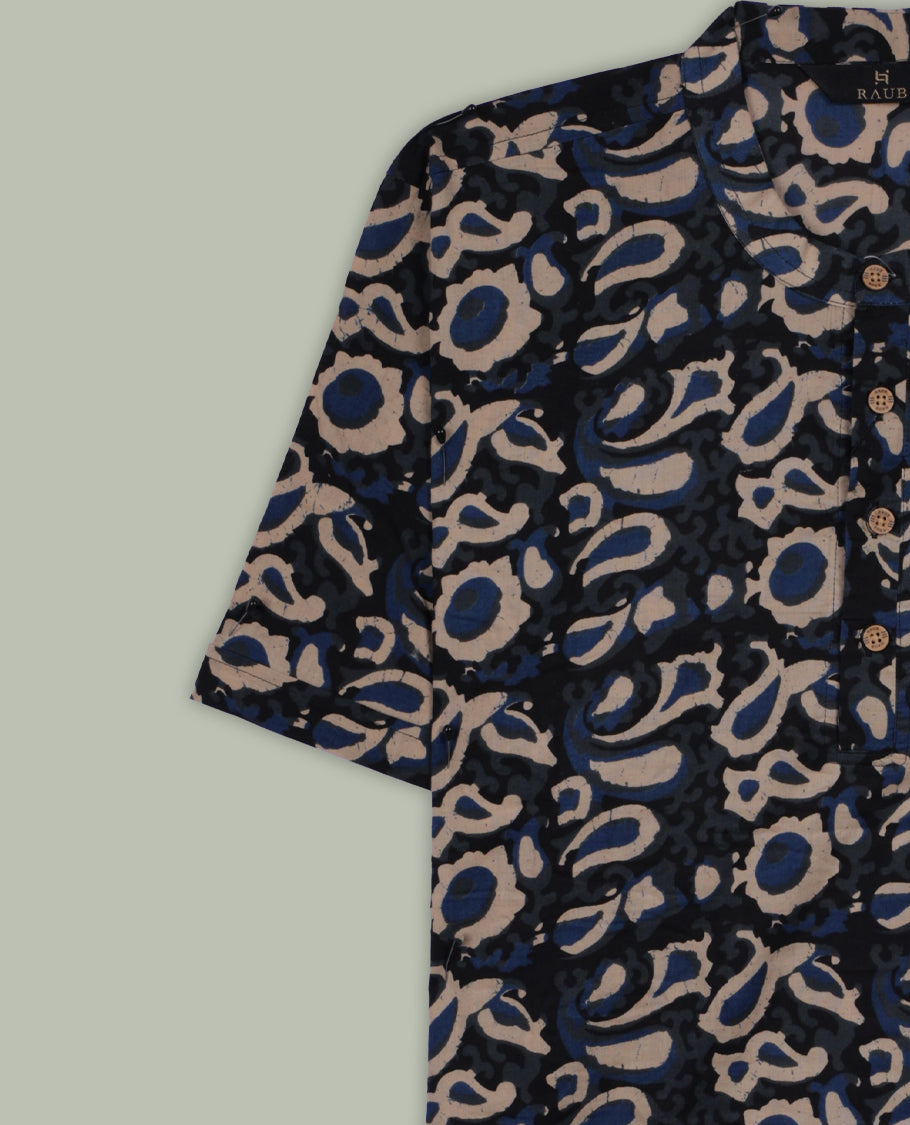 Black colour shirt with beige and blue abstract print, featuring a chinese collar & short sleeve , wooden buttons on a half placket & A perfect blend of comfort and style for casual or evening wear.