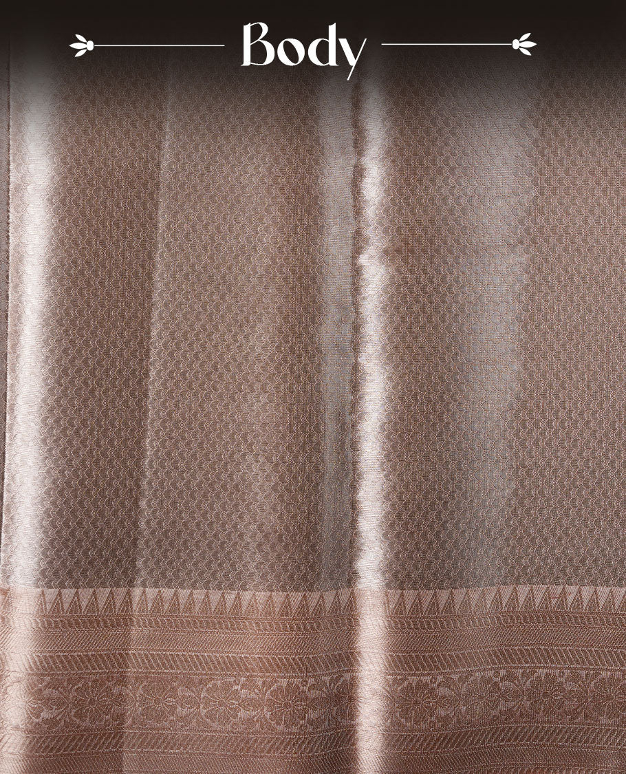 Silver colour Pure banaras tissue silk saree featuring Silver zari brocade design across body, with contrast pink colour with gold zari brocade border, finished with a matching blouse.